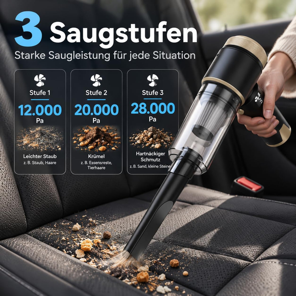 4-in-1 Akku-Handstaubsauger mit 22.000 Pa für Auto und Zuhause, Schwarz-Gold