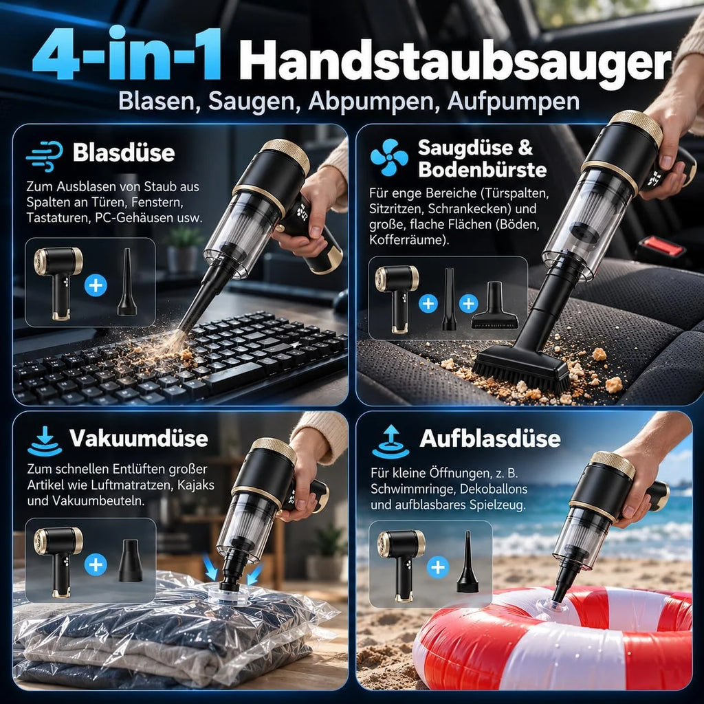 4-in-1 Akku-Handstaubsauger mit 22.000 Pa für Auto und Zuhause, Schwarz-Gold