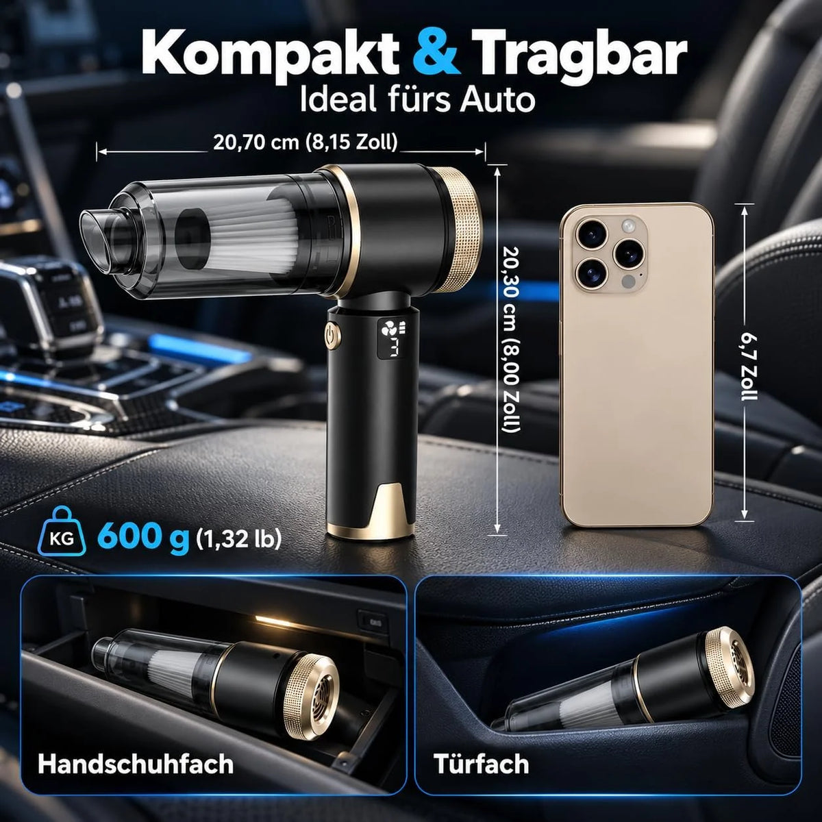 4-in-1 Akku-Handstaubsauger mit 22.000 Pa für Auto und Zuhause, Schwarz-Gold