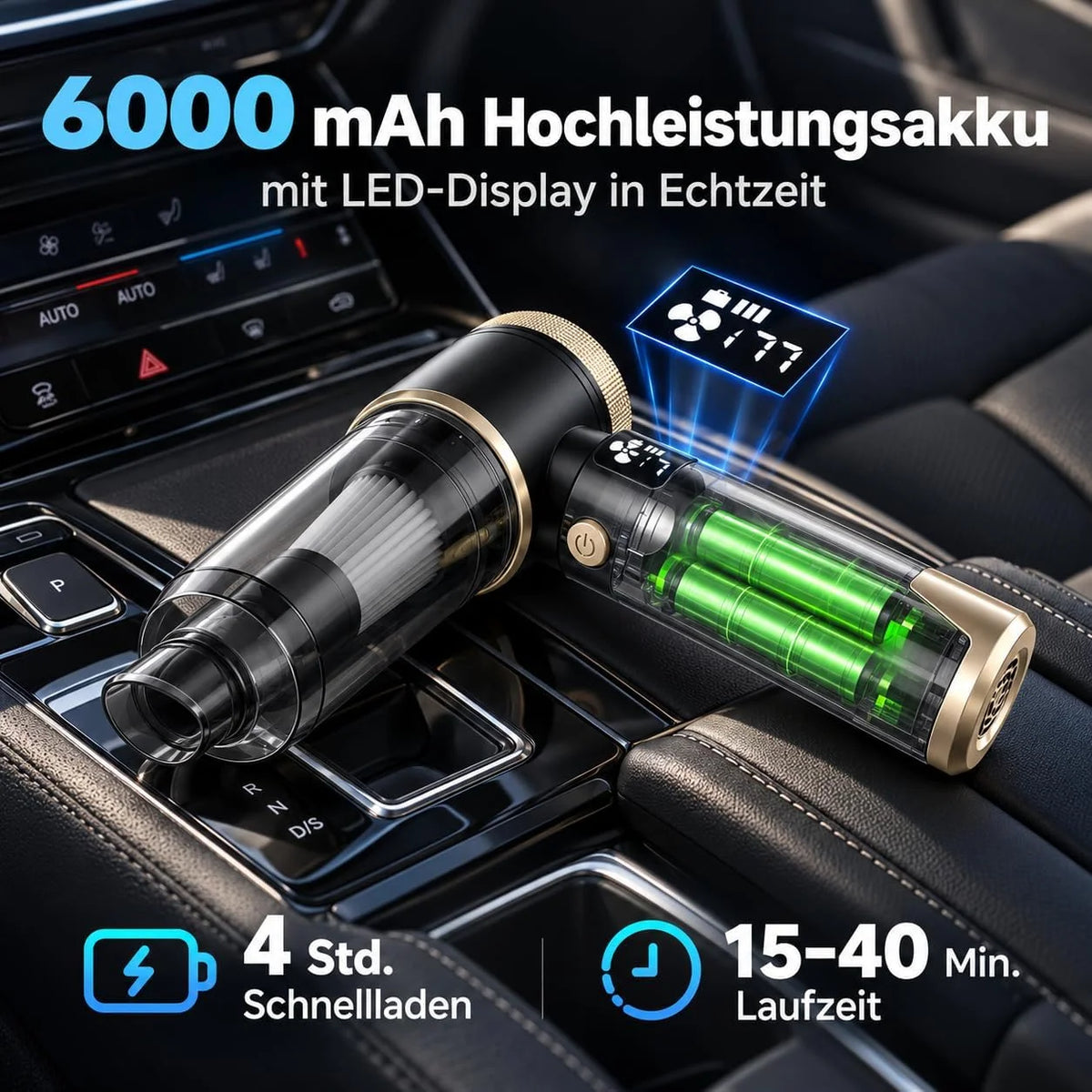 4-in-1 Akku-Handstaubsauger mit 22.000 Pa für Auto und Zuhause, Schwarz-Gold